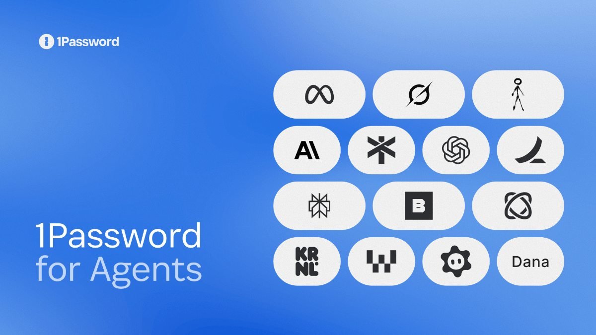 Arte de divulgação azul com o texto 1Password for Agents e logotipos de empresas parceiras em botões claros