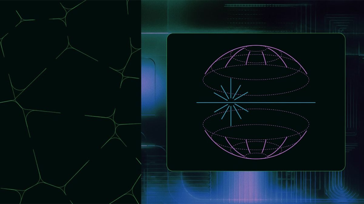Ilustração abstrata com uma esfera em linhas roxas e um feixe azul sobre fundo escuro com padrões de circuito