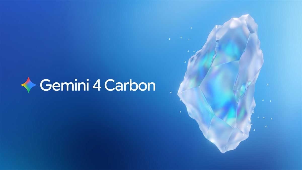 Arte oficial com o nome Gemini 4 Carbon ao lado de um cristal translúcido em fundo azul