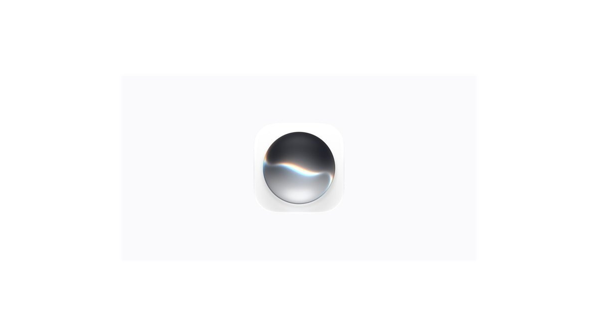 Ícone da Siri, uma esfera prateada com um reflexo colorido, sobre fundo branco