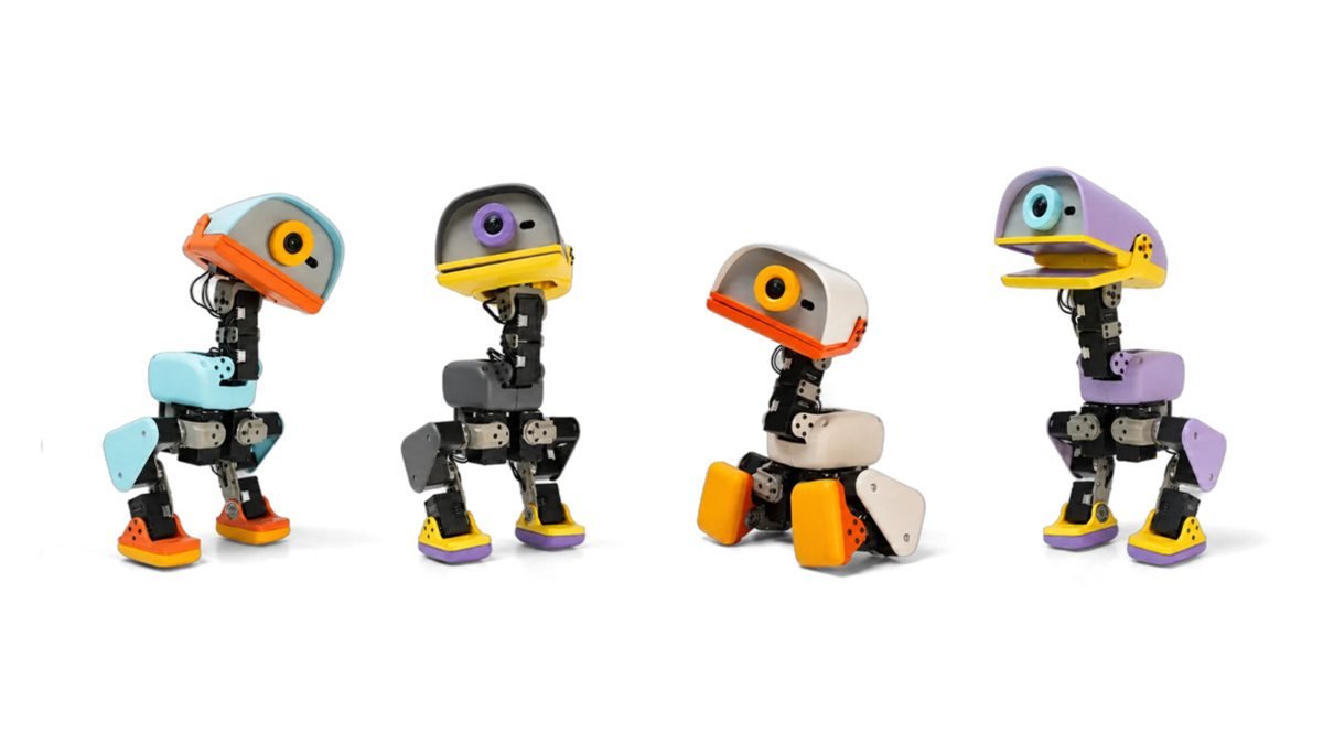 Quatro robôs bípedes em forma de pato, nas cores azul, grafite, creme e lilás, lado a lado sobre fundo branco